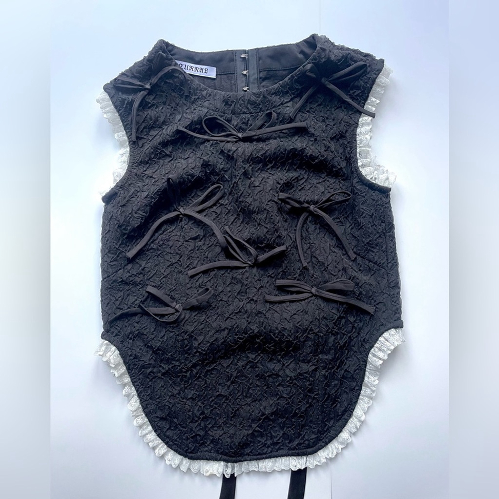Black ribbon summer knit top Black - Size S